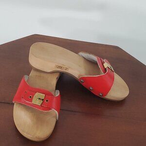 Dr. Scholl's Sandals Red Leather and Wood - Scholl 70s Sandals - size 6 (fit 7)